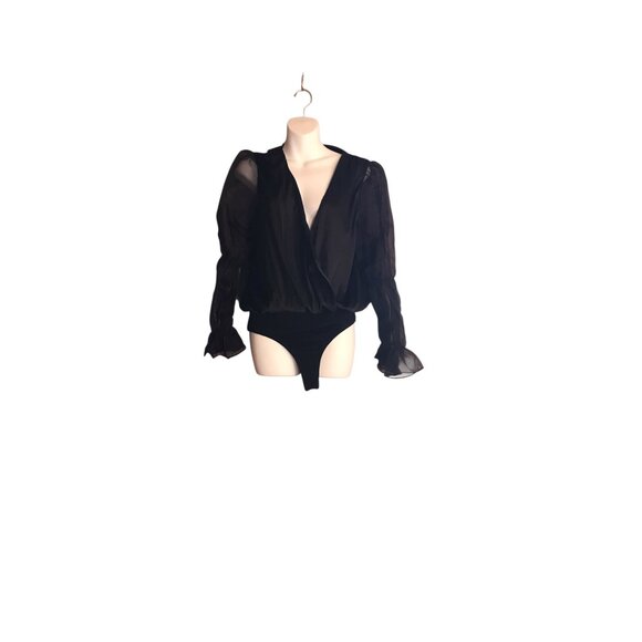 Lalavah Black Long Sheer Sleeve Bodysuit - Picture 1 of 5